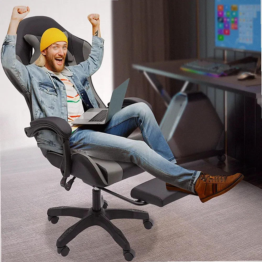 Ergonomic Coumputer Gaming Chair Office Swivel Recliner Seat w/ Footrest Grey