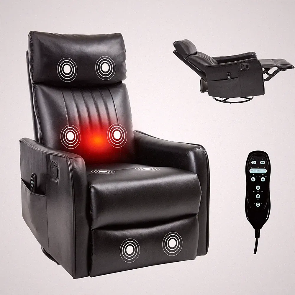 Faux Leather Heat Massage Manual Recliner 360° Swivel Rocker Black 155° Recline