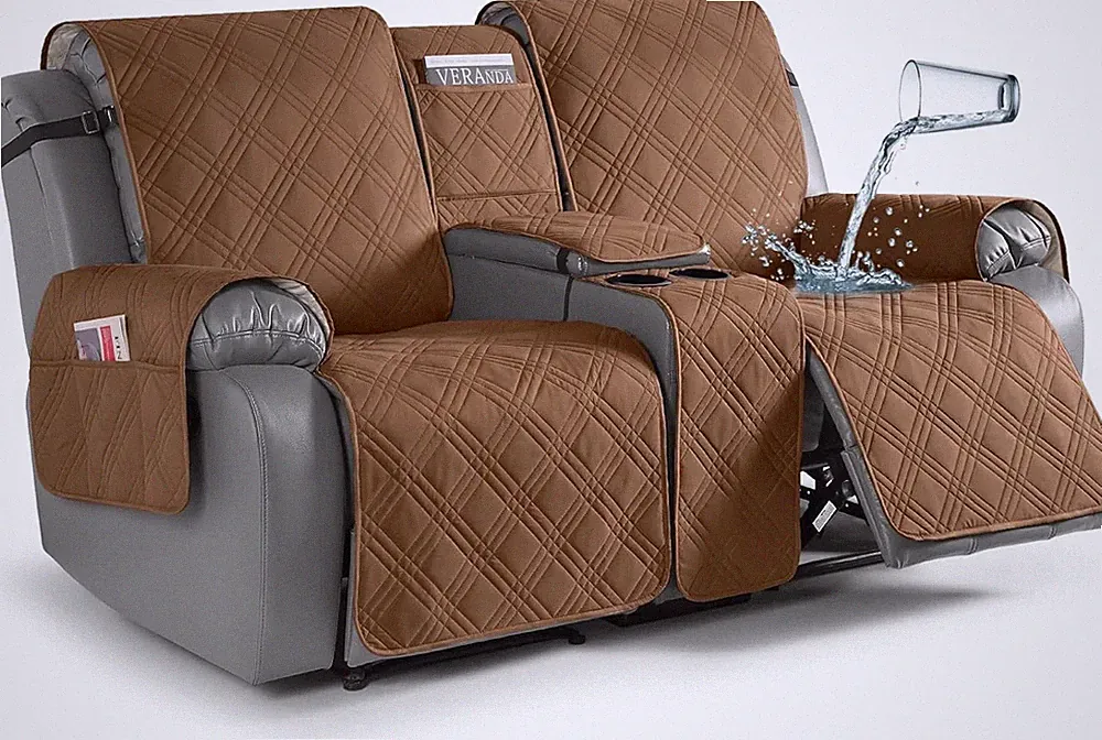 Loveseat Recliner Cover 2-Seater Waterproof Pet & Kids Protector Brown w/ Consol