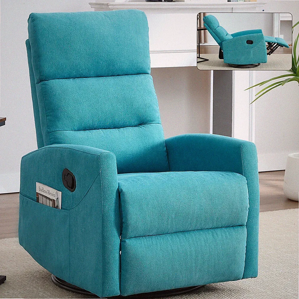 Manual Recliner Chair with Rocker & Swivel - Blue Fabric Living Room Chair