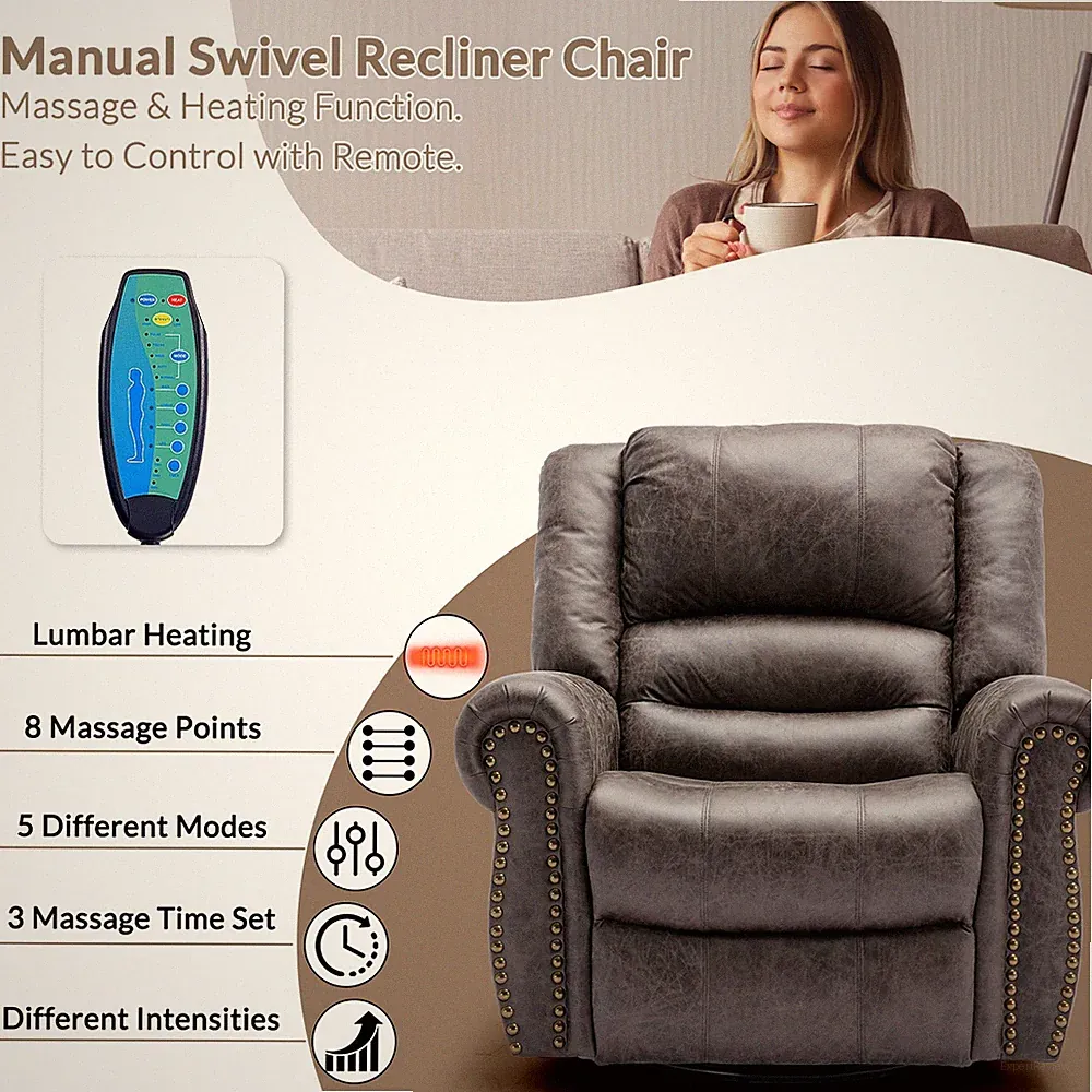 Manual Swivel Rocker Recliner Chair Massage Glider Lounge Sofa w/ Heat USB Ports